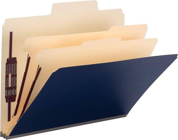 Smead SuperTab Classification Folder with SafeSHIELD Fasteners, Oversized Tab, 2 Dividers, 2" Expansion, Letter Size, Dark Blue, 10 per Box (14010)