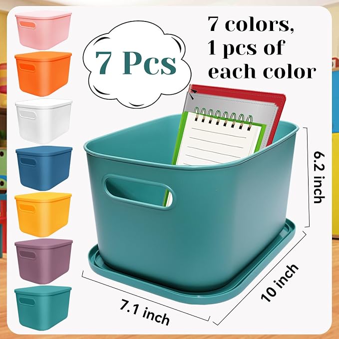 7 Pcs Plastic Storage Bins with Lid Colorful Storage Bins Small Desktop Storage Box Cubby Bins Stackable Storage Baskets for Office Classroom Kitchen Cabinet Shelf (10×7.1×6.2inch)