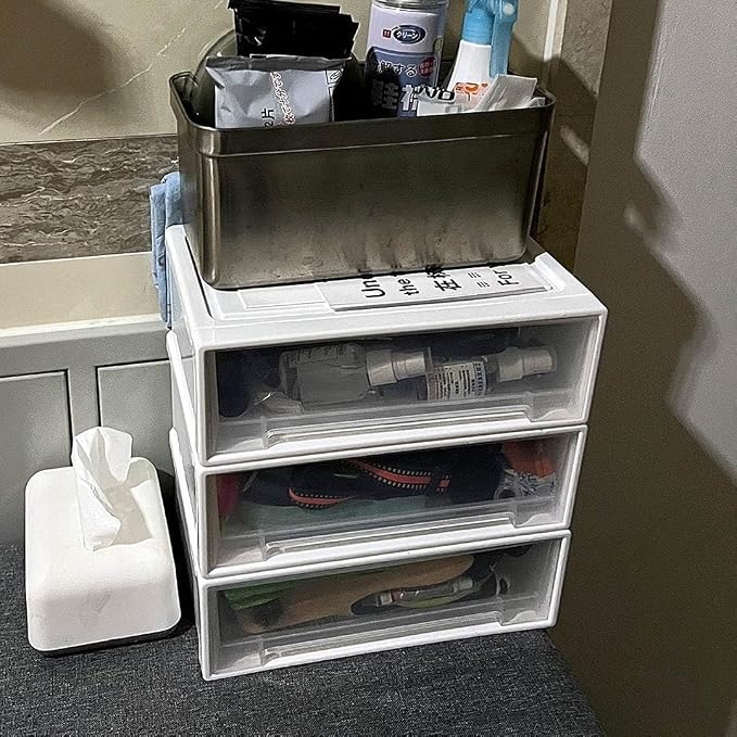 Set of 3 Stackable Storage Drawers, White Plastic Desk Storage Boxes for Dressing Table, Office Desk, TV Cabinet, Bathroom, Shoe Cabinet Storing Various Items
