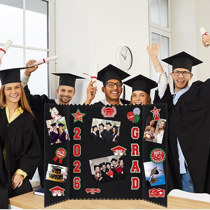 AmazingSpark 4 Sets Graduation Photo Display Board Trifold Poster Board with 12 Graduation Themed Stickers for 2026 Grad Party Decoration Picture Collage Frame Supplies (24 x 16,Red Green)