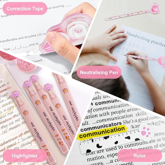 13 Pcs Cute Cat Paw Stationery Set, Kawaii Cartoon Mini Pencil Roller, Retractable Eraser, Correction Tape, Push Up Dotting Pens, Ruler, Sticky Notes, Highlighters for Kids Cat Lovers