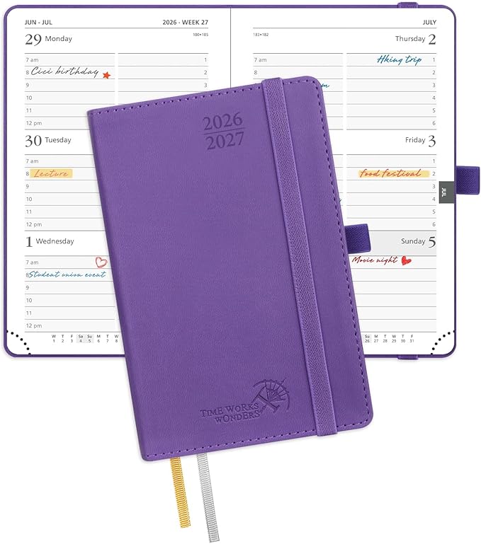 POPRUN Pocket Planner 2026-2027, Purse Size-4" x 6.25", Pocket Calendar (July 2026-June 2027) for Purse, Academic Small Weekly Planner with Hourly Slots, Leather Soft Cover, 100GSM - Purple