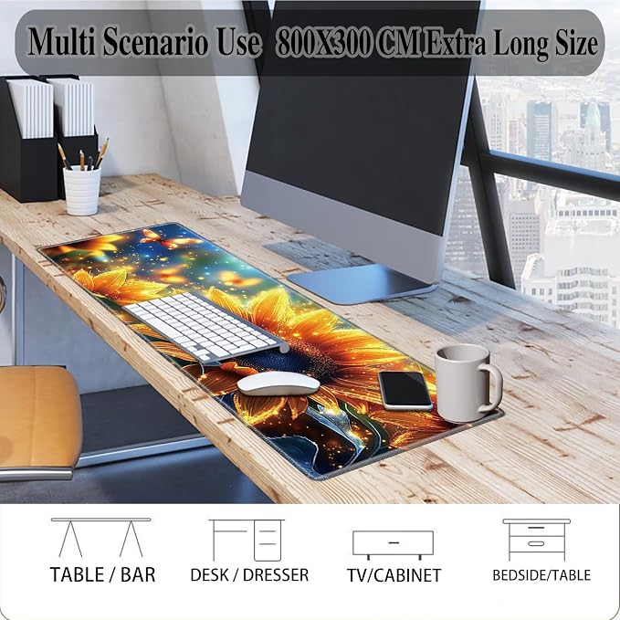 Mouse Pad Gaming Mousepad 31.5x11.8 Inch XXL Large + Coasters,Desk Mat with Stitched Edges, Non-Slip Rubber Base, Thick Mouse Pad for Computer, Laptop, Office & Home - Sunflower