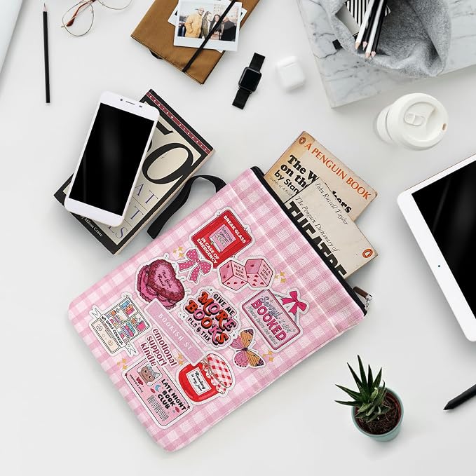 Pink Checkered Collage Style Book Covers for Book Lovers with Handle Pocket, Book Club Gifts for Chritsmas, Reading Accessories for Women Friends Reader Bookish