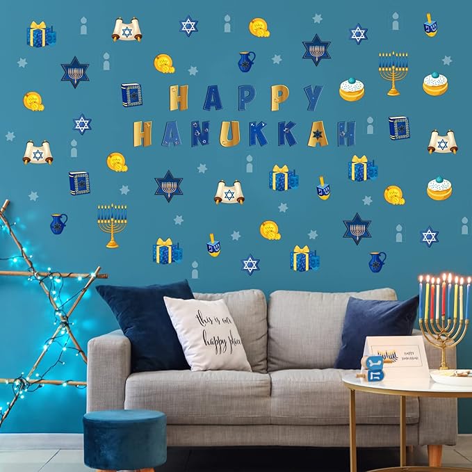 68 Pcs Hanukkah Classroom Bulletin Border Decoration Happy Hanukkah Cutouts Star Menorah Dreidel Bible Scroll Gold Cutouts for School Chalkboard Kwanzaa Party Wall