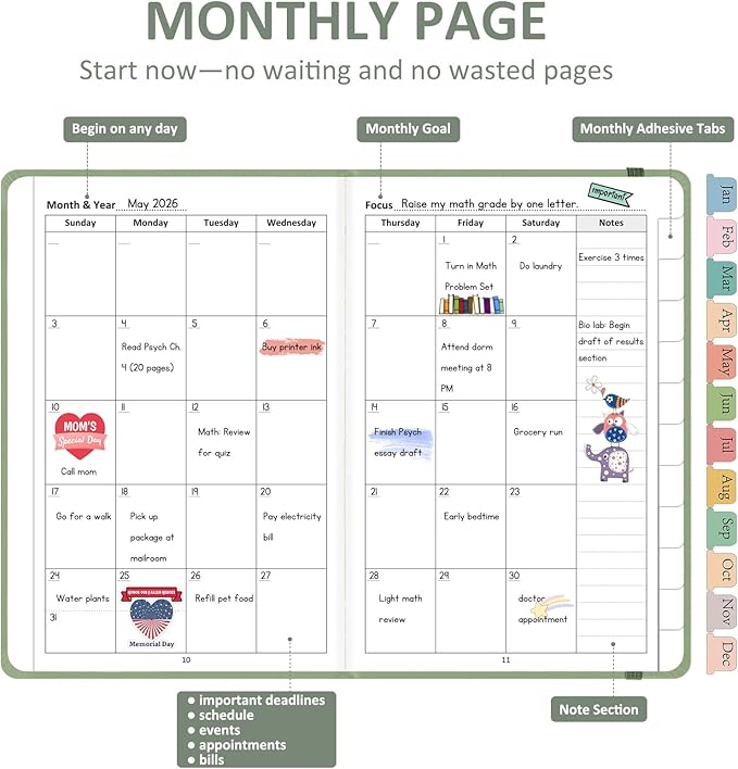 Comkiso Undated Weekly and Monthly Planner with Adhesive Tabs, A5 Dateless Academic Planner for Women & Men Daily Planning, Hardcover Leather All In One Planner for Home School Work Organizer (Green)