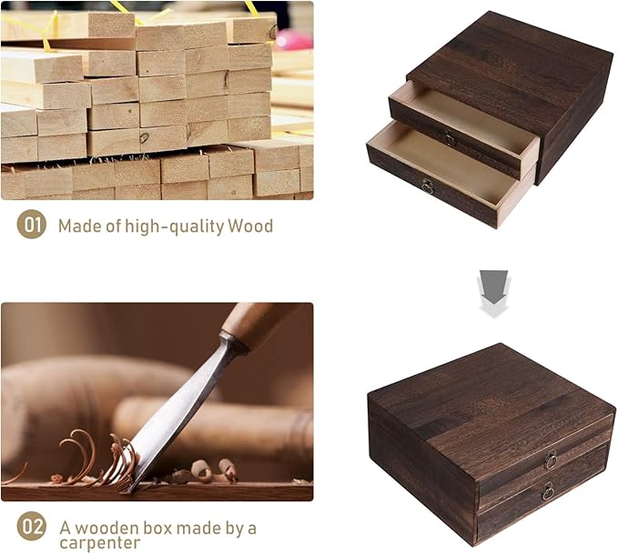 Cabilock Wooden Desktop Drawer Organizer Retro Storage Box with Pull Ring Vintage Style for Office and Home Desk Accessories 10.03X9.64X4.33 Inches