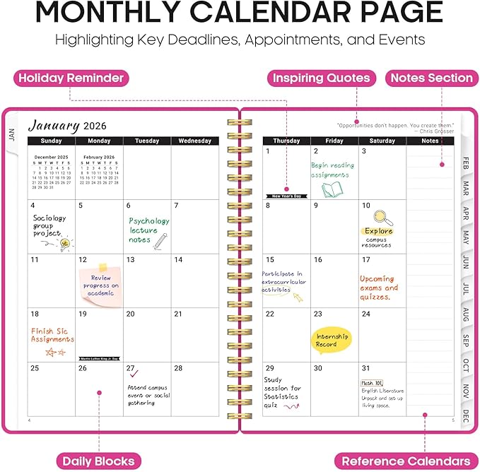 2026 Planner, Weekly and Monthly Calender Planner, Jan 2026 to Dec 2026, Hardcover 2026 Calendar Book with Tabs & Inner Pocket, Office Home School Supplies for Women & Men - A5 (6.3" x 8.5"), Fuchsia Pink