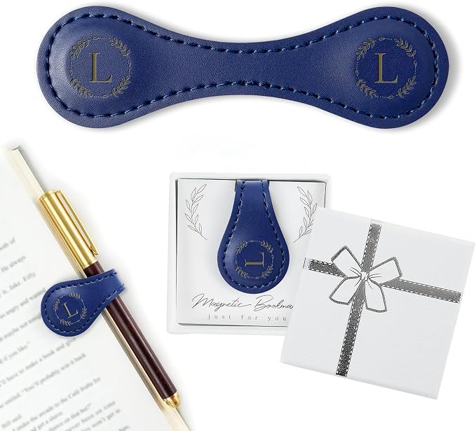 Personalized Leather Magnetic Bookmark with Pen Holder – Custom Initial Design for Readers（Blue-L）