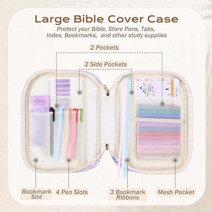 XKDOUS Bible Cover for Women Church Book Holder Quilted Carrying Case with Handle, Tabs, Study Supplies Portable Bible Bag Journaling Kit Christian Gifts for Mom Lady