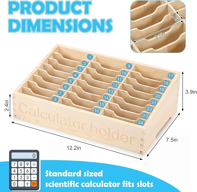 Ripeng 24 Grid Calculator Holder for Classroom with 24 Number Stickers Wooden Calculator Organizer Box Cell Phone Organizer Desktop Storage Tray Caddy for Classroom Office Meeting Room