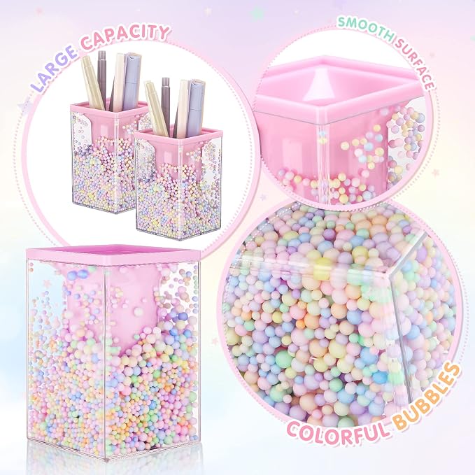 Zonon 2 Pieces Bubble Pen Holder for Desk Cute Makeup Brush Organizer & Pencil Holder with a Playful Sphere Design, Kawaii Desktop Accessories for Women, Office & School(Pink)