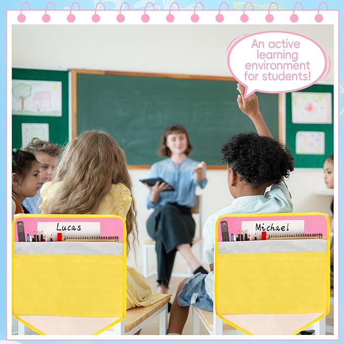 24Pcs Pencil Chair Pockets for Classroom Pencil Chair Back Buddy Pocket with Name Tags 17 x 20In Chairs Organizer 3 Pockets Seat Storage Pocket for Kids School Classroom Daycare Home Supplies