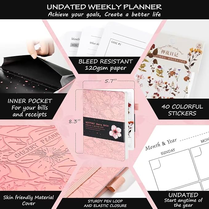 Undated Luxurious Weekly & Monthly Planner to Increase Productivity Hit Your Goals, Organizer Notebook Gratitude Journal Time Management Start Anytime, A5, Lasts 1 Year