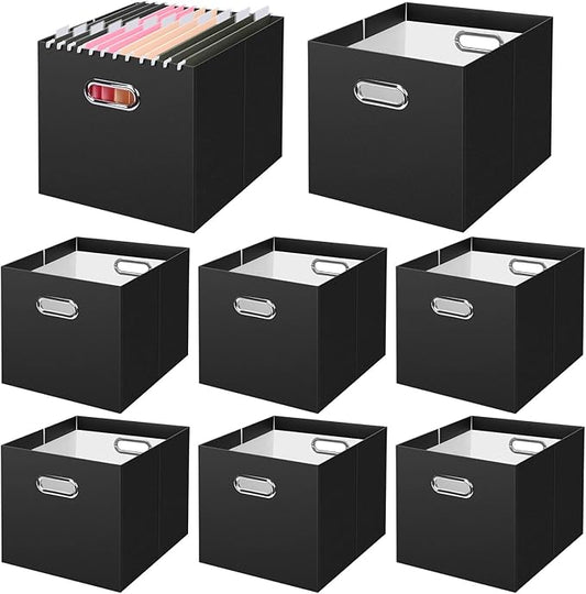 BALEINE File Organizer Box, Cardboard File Folder Organizer with Handle for Letter Size, Portable Collapsible Hanging Filing Box for Home Office Document Storage (8 Pack, Large Black)