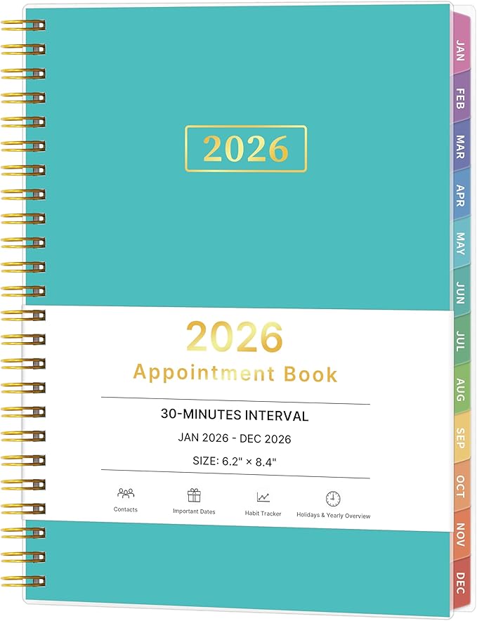 2026 Appointment Book, 30 Minutes-Hourly, Weekly ＆ Monthly Calendar Planner 2026, Jan 2026 - Dec 2026, 6.2'' x 8.4'', 2026 Daily Planner with Tabs ＆Pocket, Flexible Cover, Great for Office, Home, School