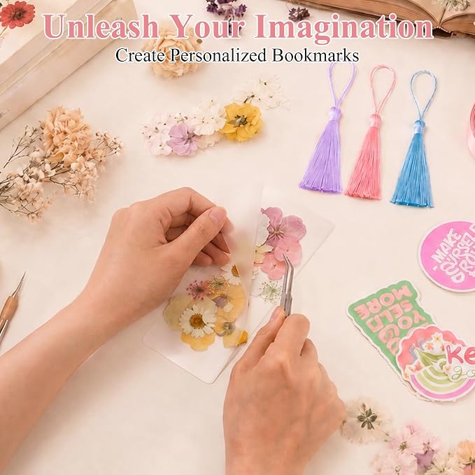 Pressed Flower Bookmark Kit,233Pcs Dried Flower Book Mark Making Kits,Includes 80 Dried Flowers,50 Laminating Pouches,50 Tassle and Puncher,Handmade Craft Gift DIY Bookmarks for Women Girl Book Lovers