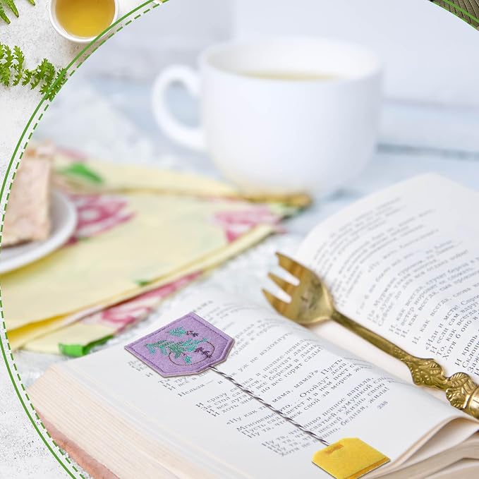 Skyygemm 6 Pcs Colorful Tea Bag Bookmarks for Women Tea Party Favors Cute Hand Embroidered Bookmarks Gift for Holiday Mom Women Book Reading Lovers