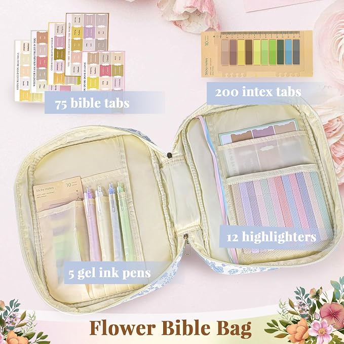 Bible Cover Case for Women,Bible Study Supplies Accessories,Bible Journaling Kit,Pink Flower Carrying Case with Highlighters