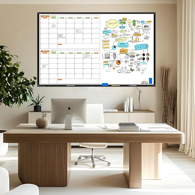 Large Magnetic Dry Erase Calendar Whiteboard Combo 72" x 40", 2 Month Whiteboard Calendar & Dry Erase Board for Wall, Wall Mounted Board with 2 Erase, 10 Marker, 12 Magnet