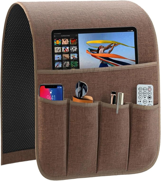 Armrest Organizer Non Slip Remote Control Holder Arm Chair Couch Caddy For Recliner Sofa Bedside With 5 Pocket Storage for Tablet Phone iPad (Coffee, W13" x L33")