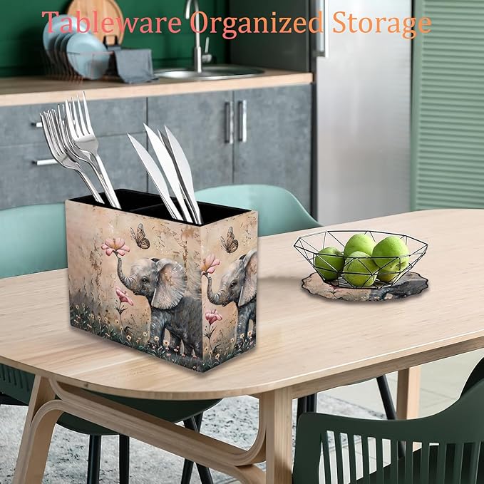 Pen Holder and Anti-Slip Mouse Pad Combination, Makeup Brush Storage Box, Tableware Storage Box, Suitable for Office and Home - Cute Little Elephant Flower