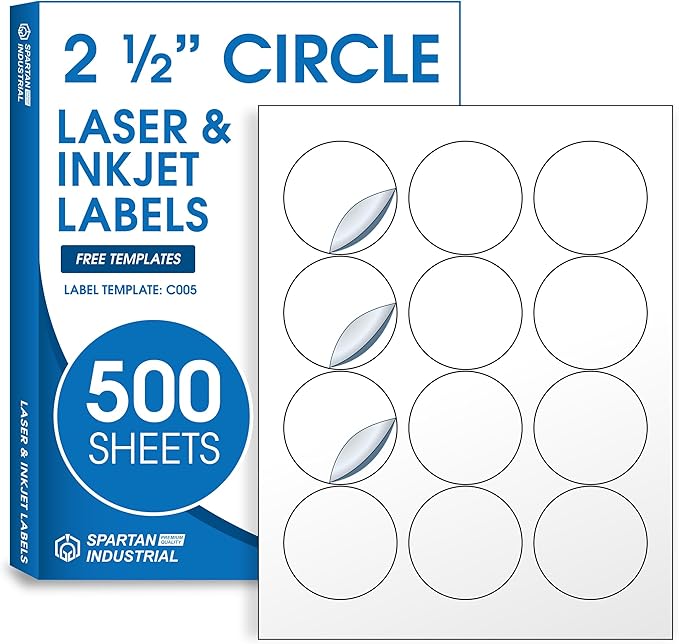 2.5" Printable Round Labels for Laser and Inkjet Printers - 6000 Blank Labels, 500 Sheets for Business Logos, Thank You Stickers, Price Tags, QR Codes - Spartan Industrial Template C005