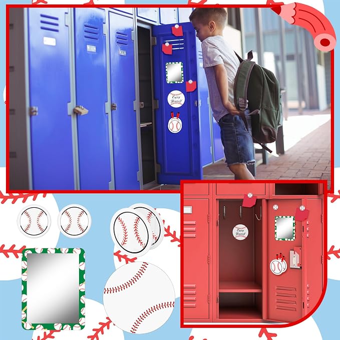 Demonwer 12 Pcs Locker Accessories Kit Baseball Themed Magnetic Whiteboard Mirror Pen Holder for Back to School Essentials Locker Decorations