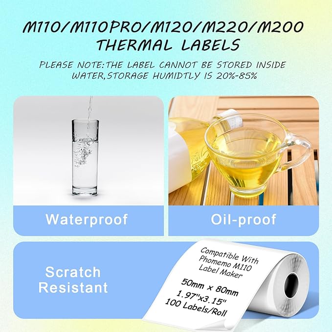 Thermal Labels Compatible with Phomemo M100/M110/M150/M221/M220/M120/M200/M250 Label Printer,1.97''x3.15''(50x80mm), 100 Labels/Roll, Black on White