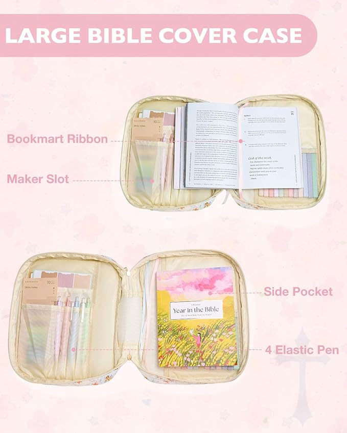 Initial Bible Cover Case for Women Girls Kid Large Bible Cover with Durable Handle Quilted Bible Carrying Case for Girls Bible Study Supplies Accessories (Pink Bow R, one Size)