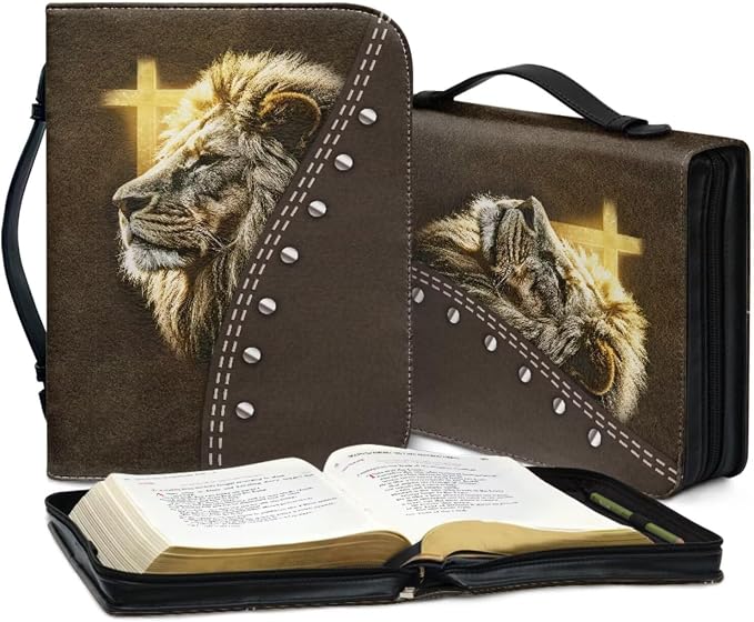 Retro Religious Cross and Lion Bible Case with Bookmark Waterproof Bible Cover Case for Women Lightweight Bible Bag with Handle Pockets Church Book Bag Brown