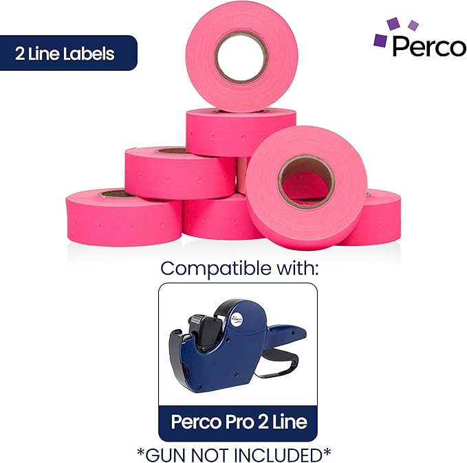 Perco 2 Line Fluorescent Pink Labels - 8 Rolls, 1 Sleeve, 6,000 Blank Price and Date Gun Labels for Perco 2 Line Price and Date Guns - Made in USA
