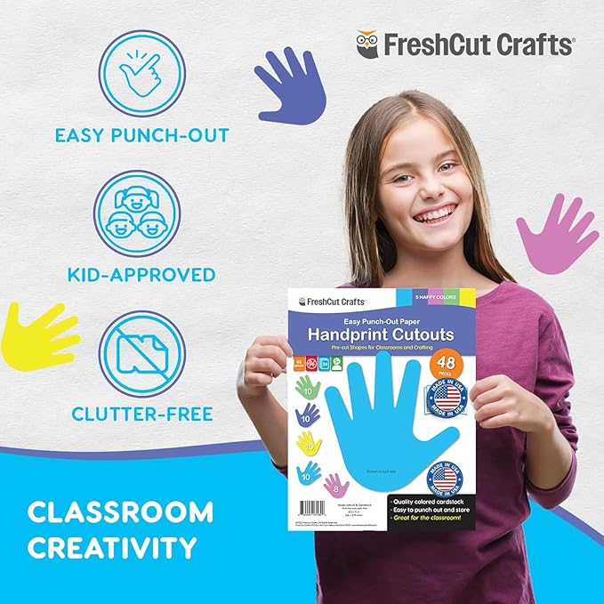 48 Piece Handprint Happy Cutouts with IDEA Guide, US Made 2-Sided Brightly Colored Card Stock Punch Out Handprint Paper Accents for Bulletin Boards, Classroom Decor, Back to School & DIY Crafting