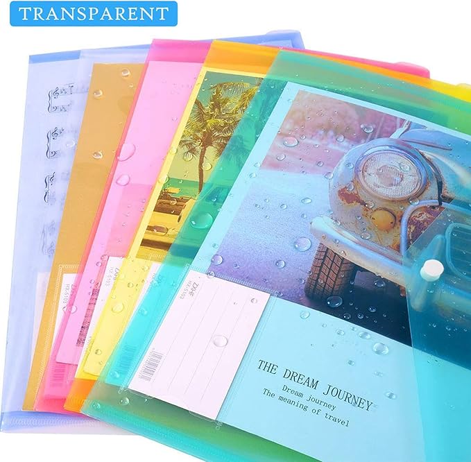 10 Pack Plastic File Folders with Pockets, Colorful Hook & Loop Closure Envelopes, Clear Poly Document Folders Letter/A4 Size, Waterproof Tear-Proof Organizers for Teacher Supplies, Office & School
