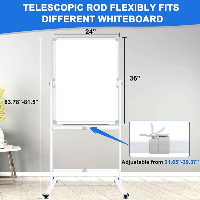 Max-officoo Double Sided Cork Board and White Board 24"x36" Mobile Whiteboard with Stand, Adjustable Height and Angle Magnetic Rolling Dry Erase Board on Wheels for Office, School, Home