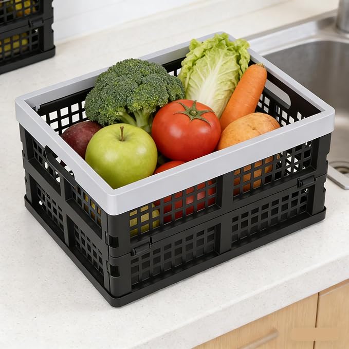 15L Plastic Collapsible Storage Crates, Folding Crates Storage Basket, Pack of 4, Black