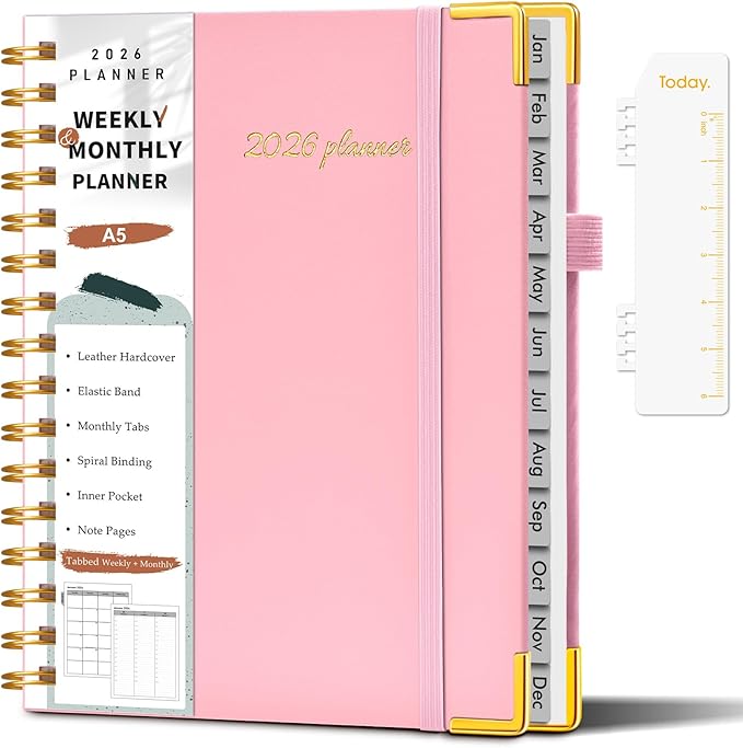 2026 Planner, Weekly and Monthly Calendar Planner from January 2026 - December 2026, 5.75" x 8.38" Hardcover Leather Hourly Appointment Book with Tabs, A5 Spiral Daily Planners for College School Work Home, Light Pink