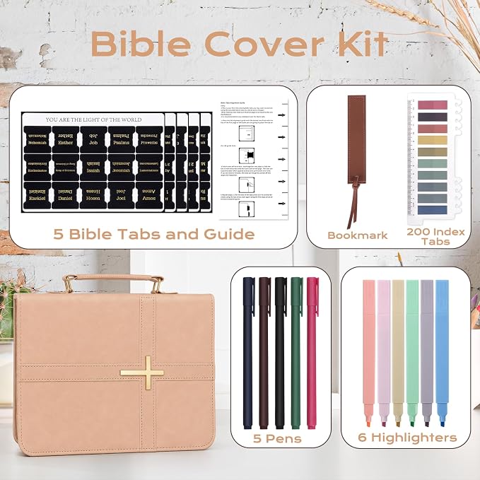 XKDOUS Bible Cover Case Leather Book Carrying Case Large Bible Bag Organizer with Cross, Handle, Pens, Tabs, Study Supplies Journaling Kit Father Day Christian Gifts for Dad, Mom, Men, Women