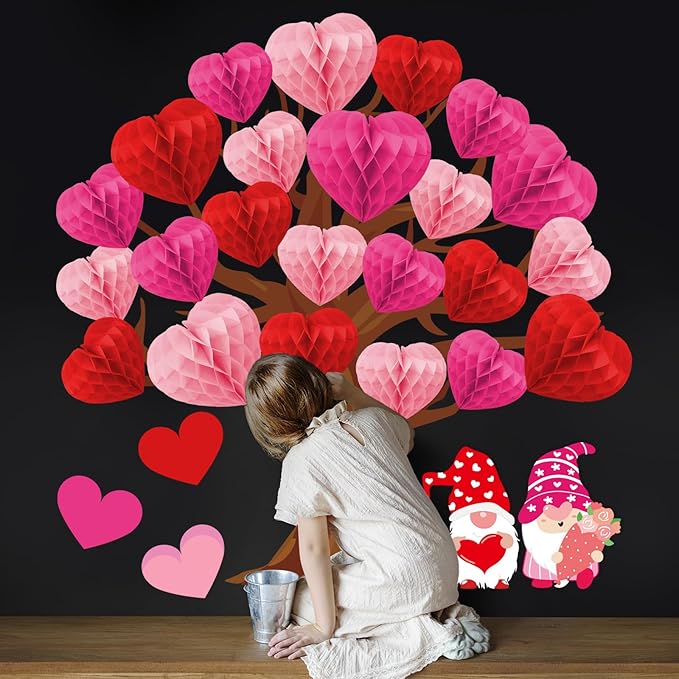 JarThenaAMCS 50Pcs Valentine's Day Bulletin Board Set Classroom Decoration 3 Colors Heart Honeycomb Tree Love Gnome Paper Cutouts with Glue Points for School Wall Door Wedding Anniversary Supplies