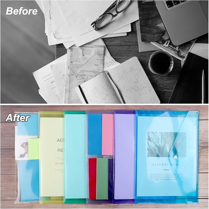 EOOUT 28pcs Plastic Envelopes, Plastic Folders for Documents, Poly Folders with Snap Closure, 8 Colors, A4 Size, Letter Size, for School and Office Supplies