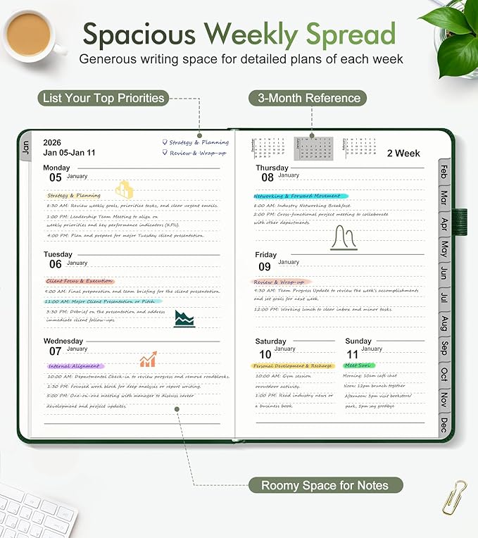 2026 Weekly & Monthly Planner, 12 Months Hardcover Planner from January 2026 - December 2026, Leather Agenda Organizer Book 2026 with Tabs, Daily Calendar Planners for Work School Home, A5 (5.75" x 8.38"), Green