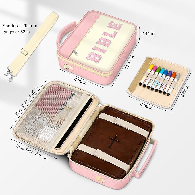 FINPAC Large Bible Cover w/Shoulder Strap, Carrying Book Case Church Bag Bible Protective w/Pen Slots and Zippered Pocket, Gift for Women Lady, Letter Pink