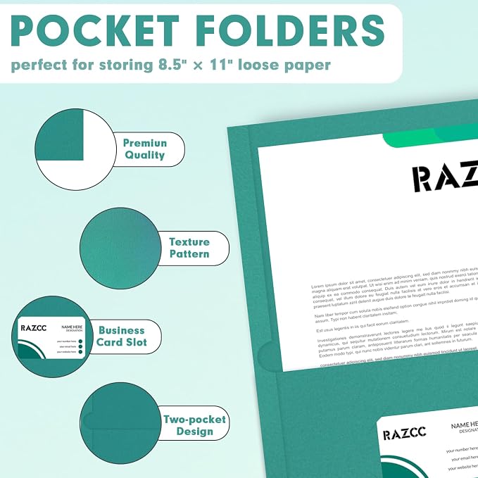 Two Pocket Folders, RAZCC 75 Pack 2 Pocket Folders Fit Letter Size Paper, Paper Folders with Pockets for School Office Business Home (Turquoise)