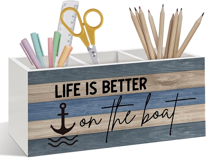Boat Captain Owner Gifts Pen Pencil Holder, Boating Gifts for Women Men, Beach Desk Accessories, Life Is Better on the Boat Wooden Pen Pencil Organizer for Lake House Desk Decor