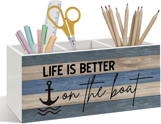 Boat Captain Owner Gifts Pen Pencil Holder, Boating Gifts for Women Men, Beach Desk Accessories, Life Is Better on the Boat Wooden Pen Pencil Organizer for Lake House Desk Decor