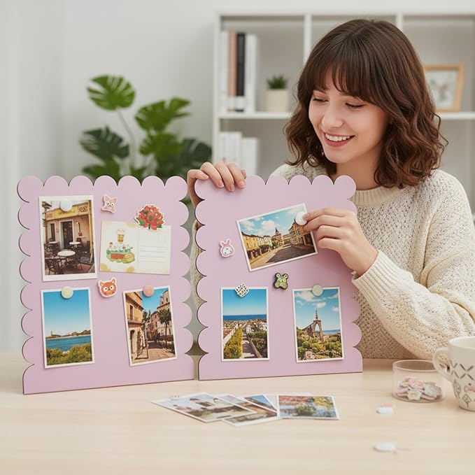 Gueevin 2 Pcs Magnet Board Standing Magnetic Metal Board for Desk and Wall 12.6" x 11" Scalloped Magnetic Display Stand for Memos, Photos and Documents Home Office School Supplies(Pink,Medium)