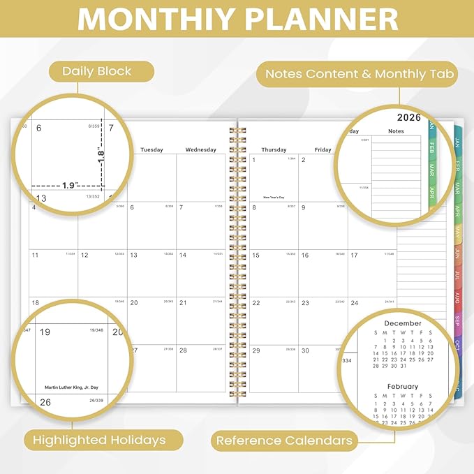 2026 Monthly Planner - Monthly Calendar 2026, 8'' x 10'', Transparent PP Cover, Colorful 12 Months Tabs, JAN 2026-DEC 2026, 2026 Calendar Planner with 2-Sides Pockets - Off white