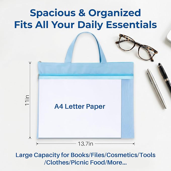 Mesh Zipper Pouch with Handle - 11 x 13.7 Inch Reusable Double Pocket Zipper Pouch, Foldable Nylon File Bag, Large Capacity Lightweight Document Storage for Puzzles Books Office Travel Shopping, Blue