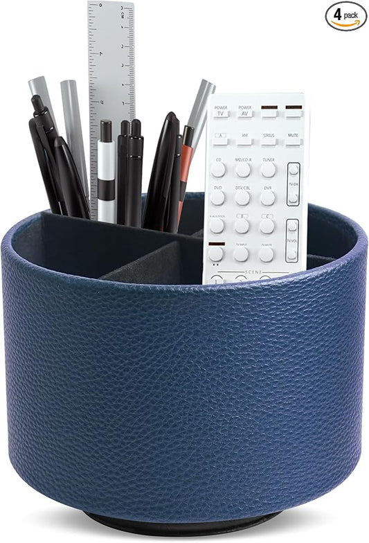 Round Leather Art Supply Organizer,Remote Control Holder,360 Degree Spinning,Multi-Functional Pencil Holder,4 Compartments Desktop Stationary Organizer(1-Lichee Blue)