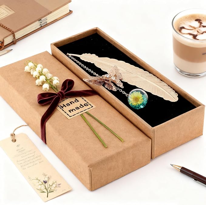 Teacher Retirement Gifts - Metal Feather Bookmark with 3D Butterfly & Real Dried Flower Pendant - Bookmark for Women & Book Lovers Under 10 Dollars - Gift Box Included